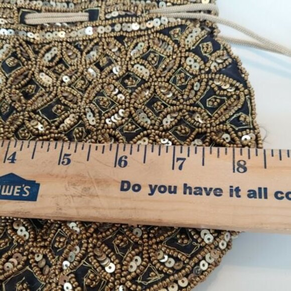 Potli Pouch Drawstring Lined Bag Purse Satchel Sequins Black Gold - Picture 8 of 9